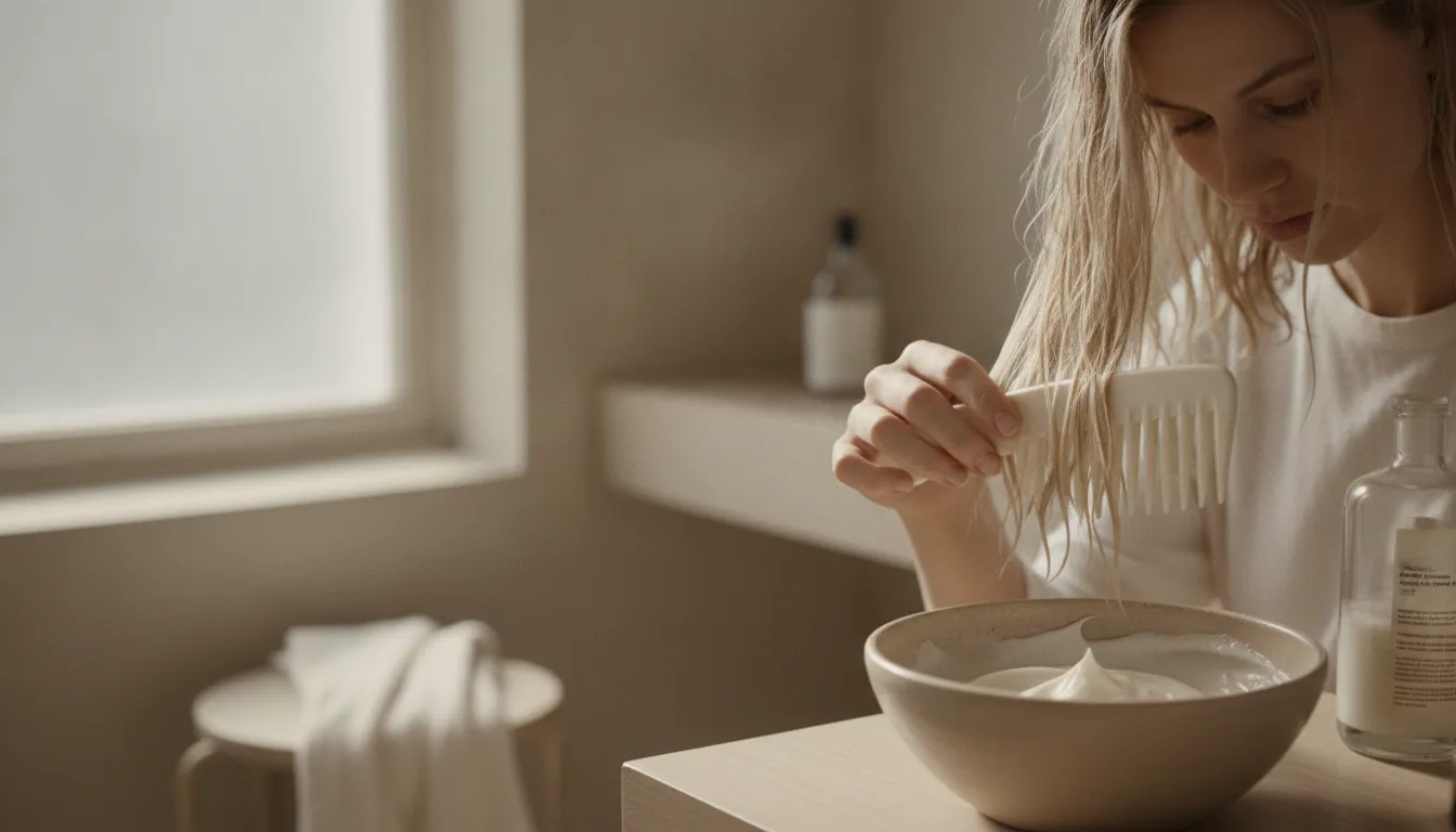 Woman gently detangling damp bleached hair during a conditioning routine