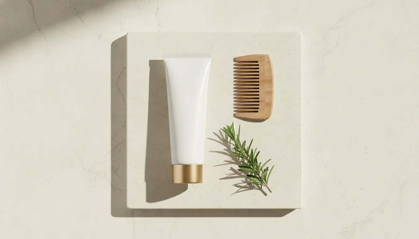 Neat flat-lay of a clean-beauty hair treatment and comb on a pale stone surface