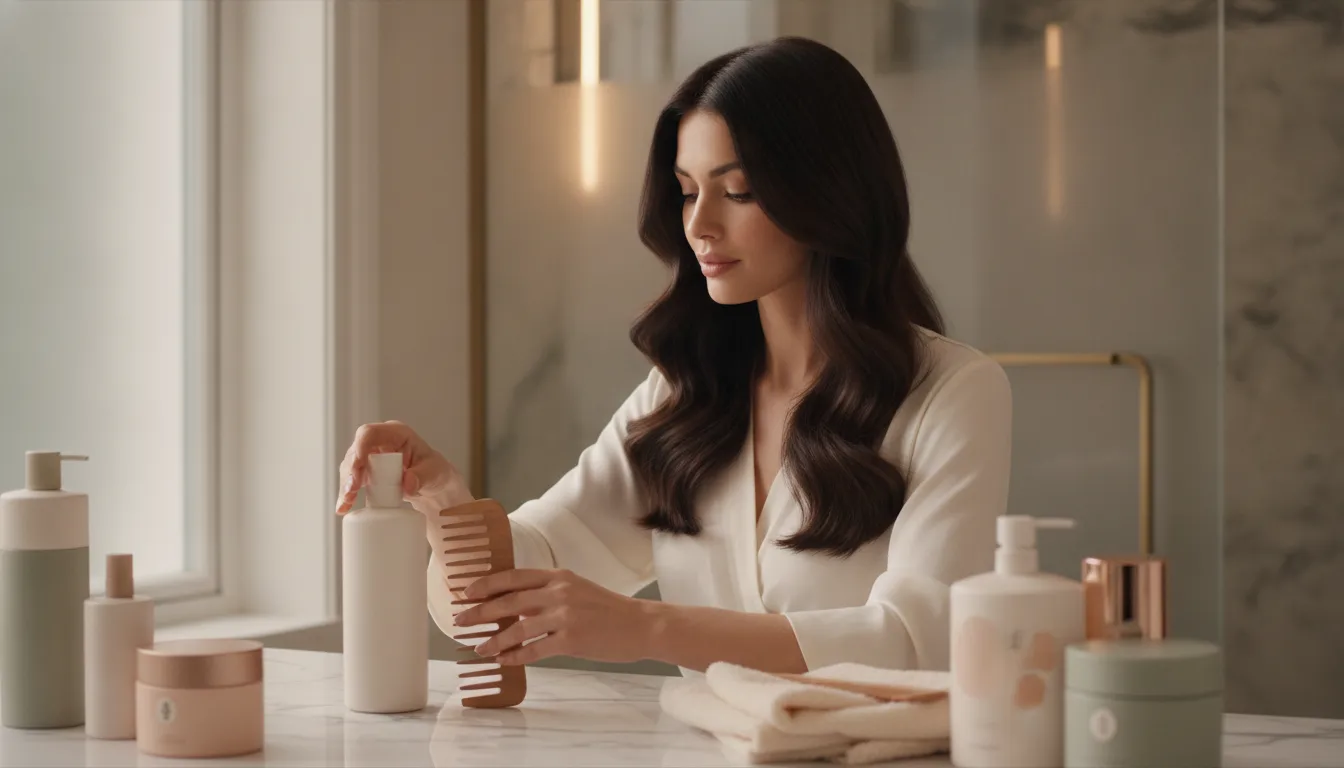 Woman following a gentle post-color care ritual for glossy color-treated hair