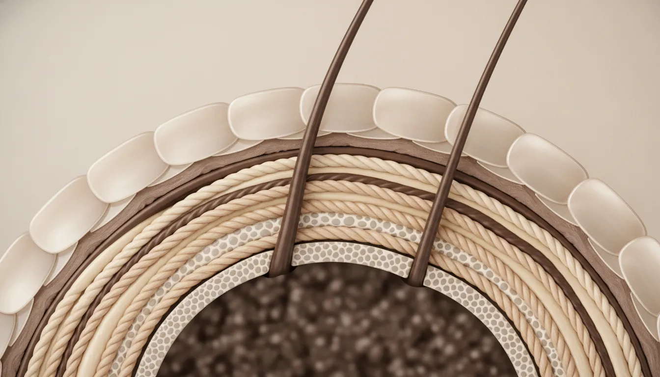 Illustration of the cuticle, cortex, and cell membrane complex in a hair fiber