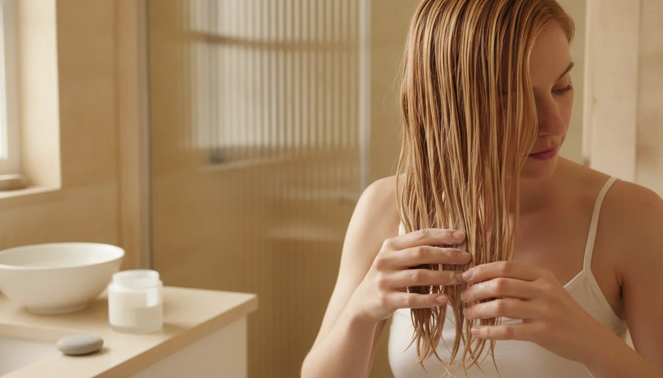 Woman applying a deep-conditioning treatment through color-treated hair