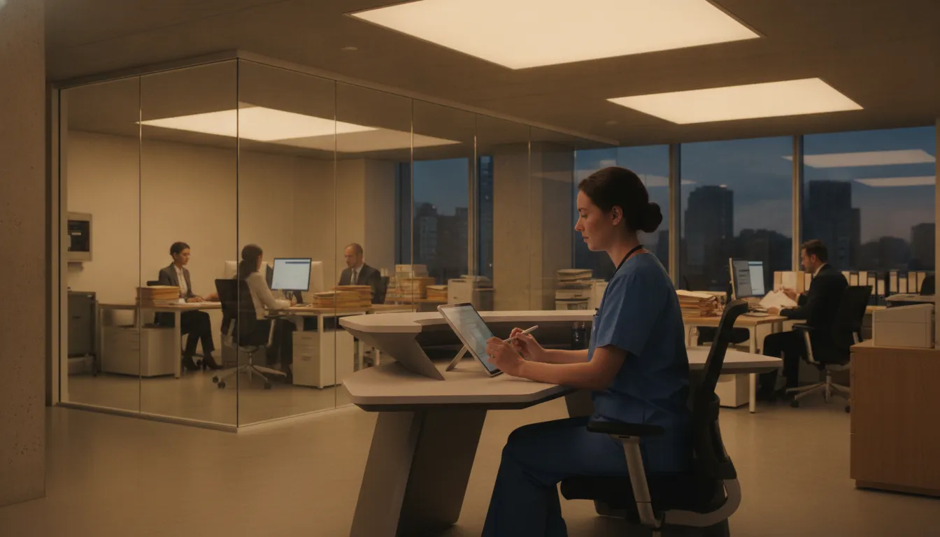 Nurse reviewing patient records on a tablet while remote administrative support team handles paperwork, modern hospital setting with warm lighting