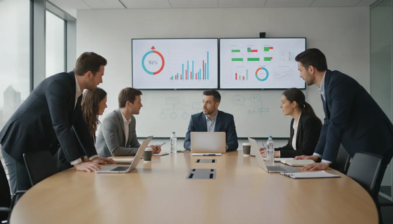 Professional insurance operations managers reviewing call center performance metrics on a screen