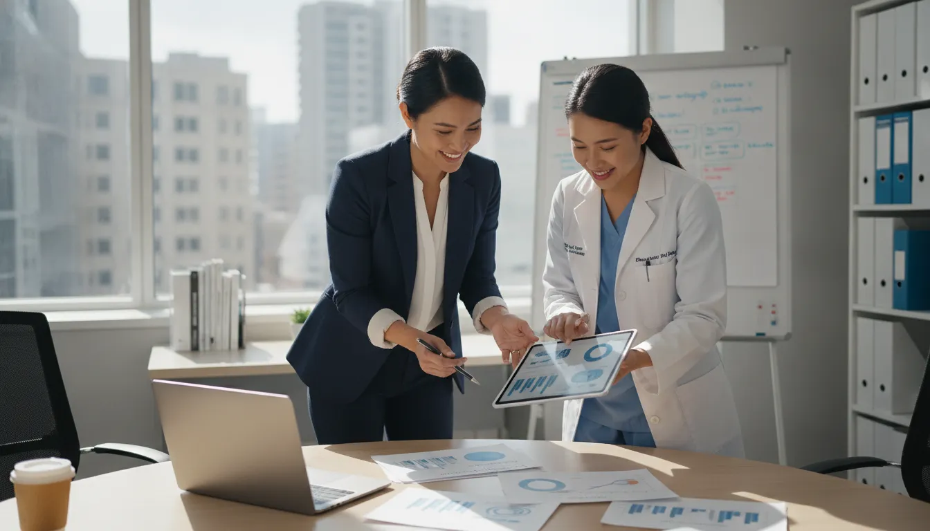 Healthcare CFO and nurse reviewing cost savings data together in a hospital office, collaborative professional atmosphere