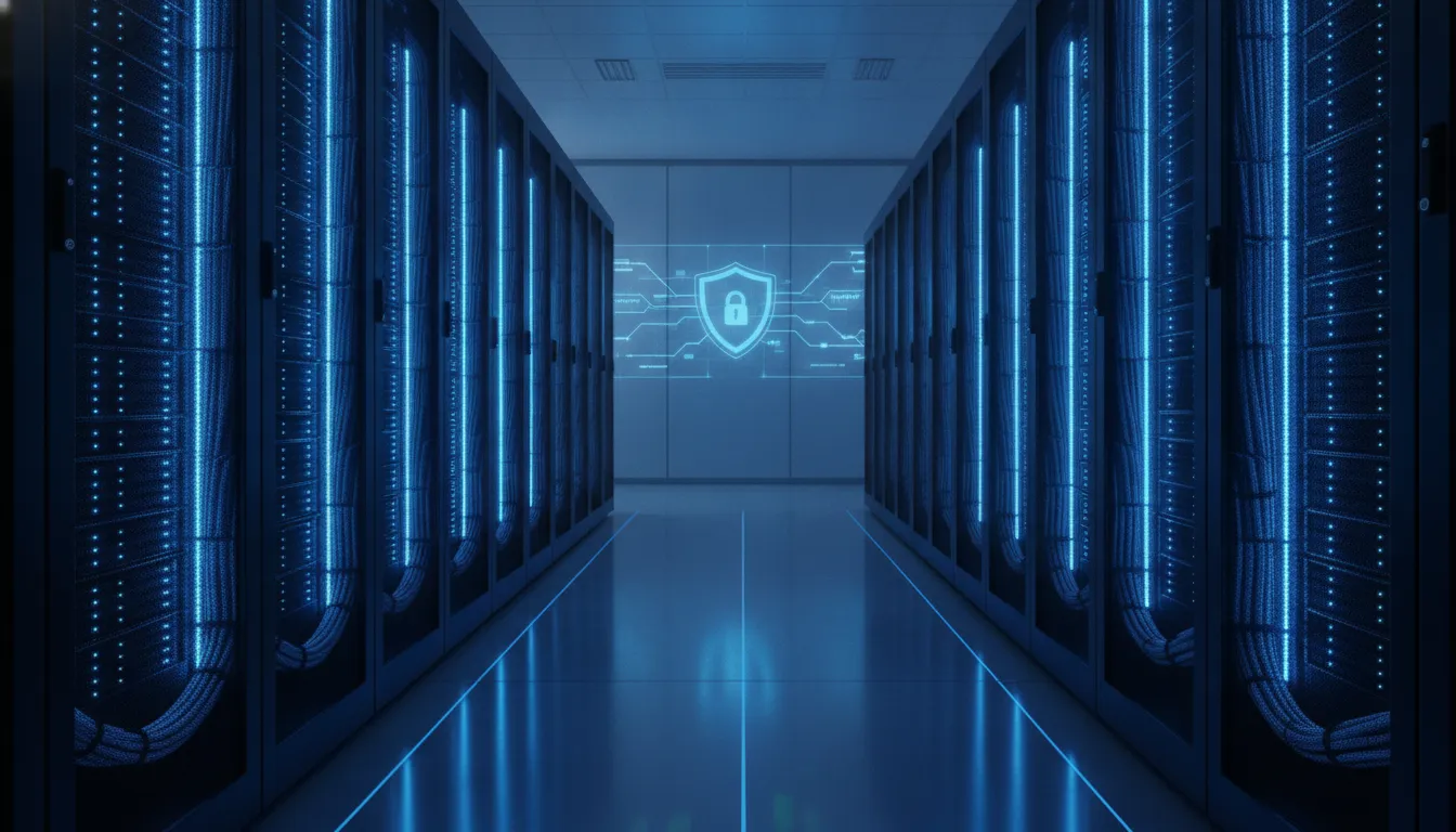 A secure enterprise server room representing HIPAA compliance and high-tech security controls in insurance outsourcing
