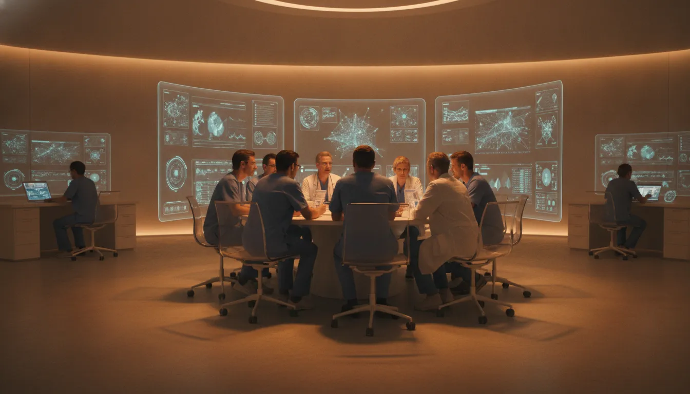 Healthcare team working with AI analytics dashboards in a modern operations center