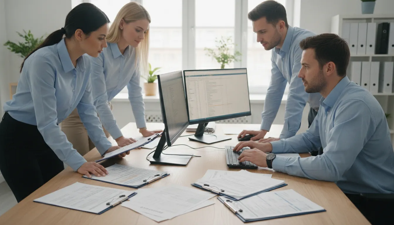 Healthcare administrative team processing insurance verification and medical billing documents