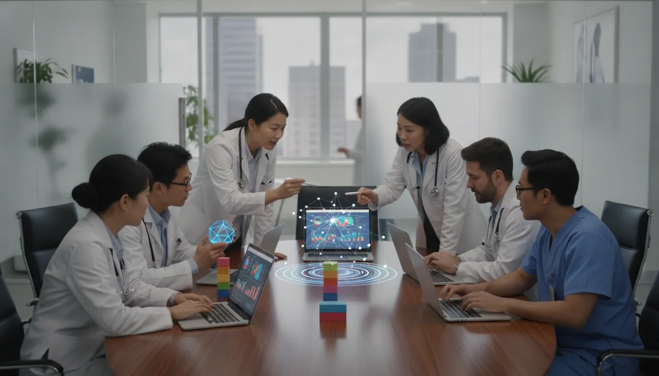 Healthcare team discussing revenue cycle performance metrics and billing data around a conference table