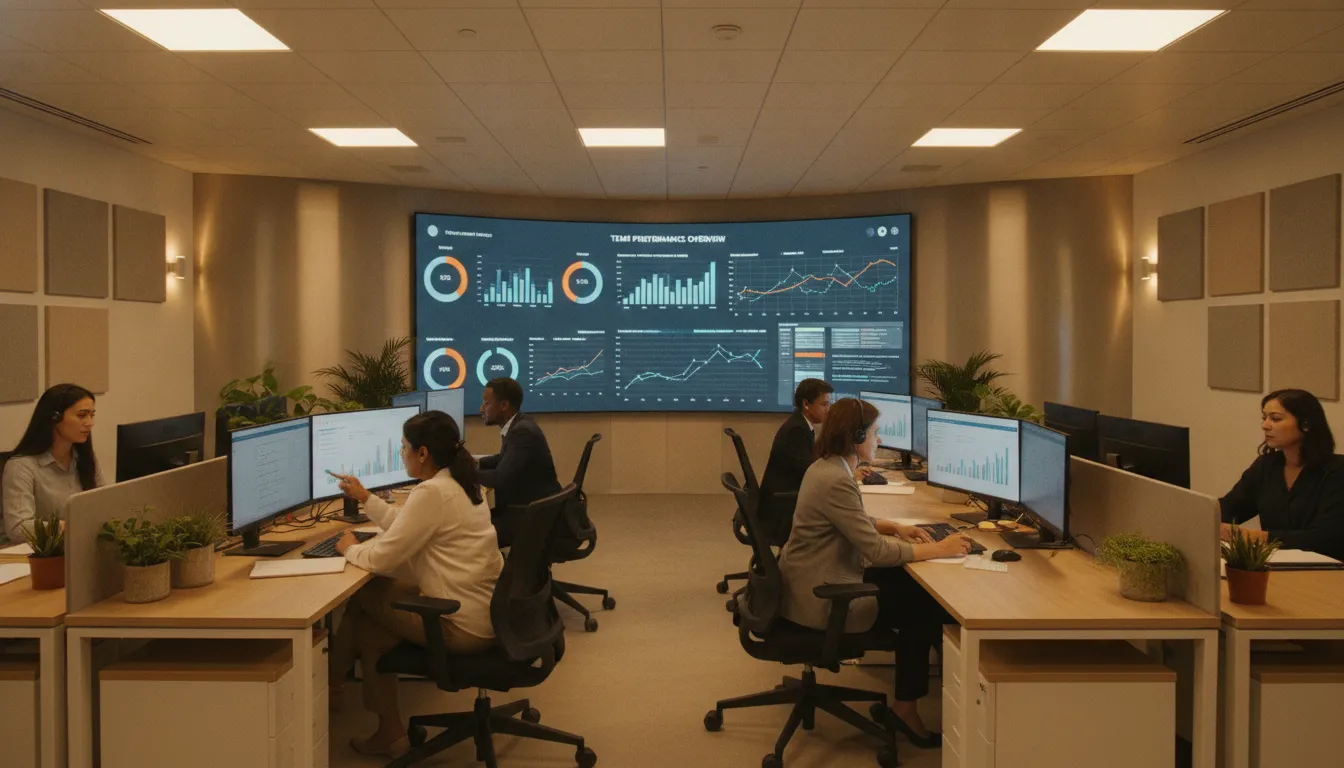 Experienced call center team lead coaching agents in a modern office
