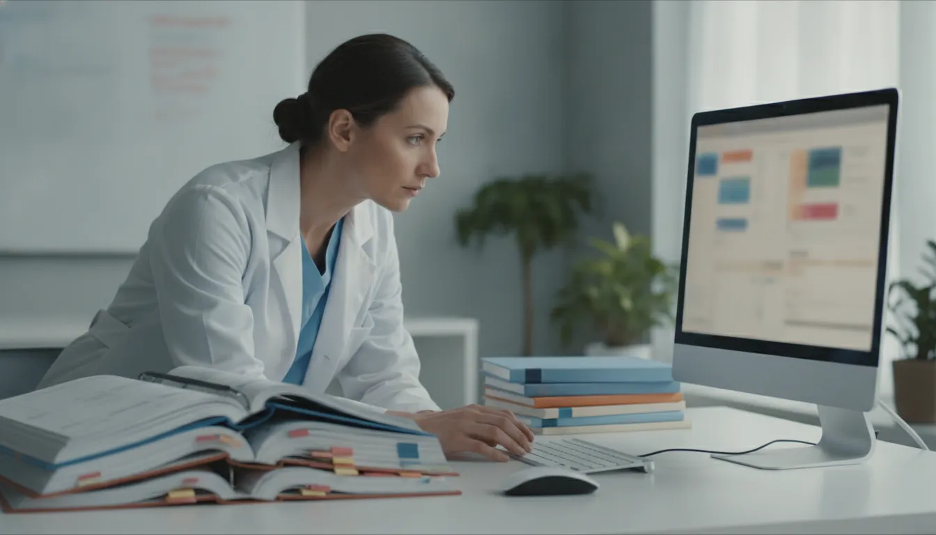 Medical coding specialist cross-referencing diagnosis codes with patient documentation at a healthcare office desk