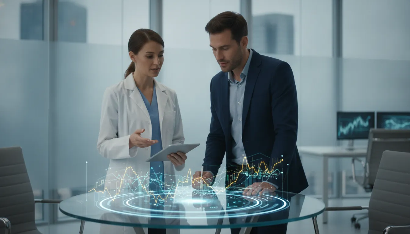 Healthcare professionals reviewing medical billing data and performance analytics on a tablet in a modern office
