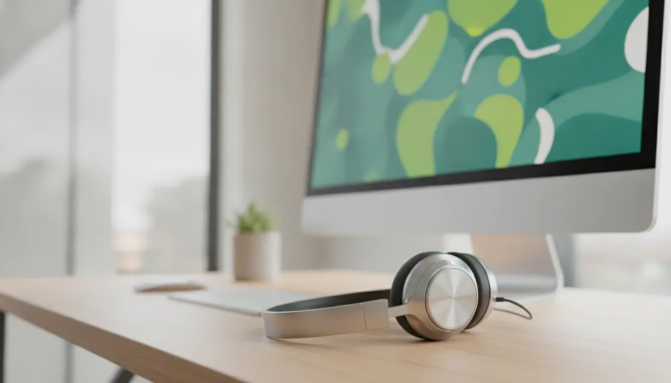 High-quality customer support headset and computer monitor showing a high satisfaction score