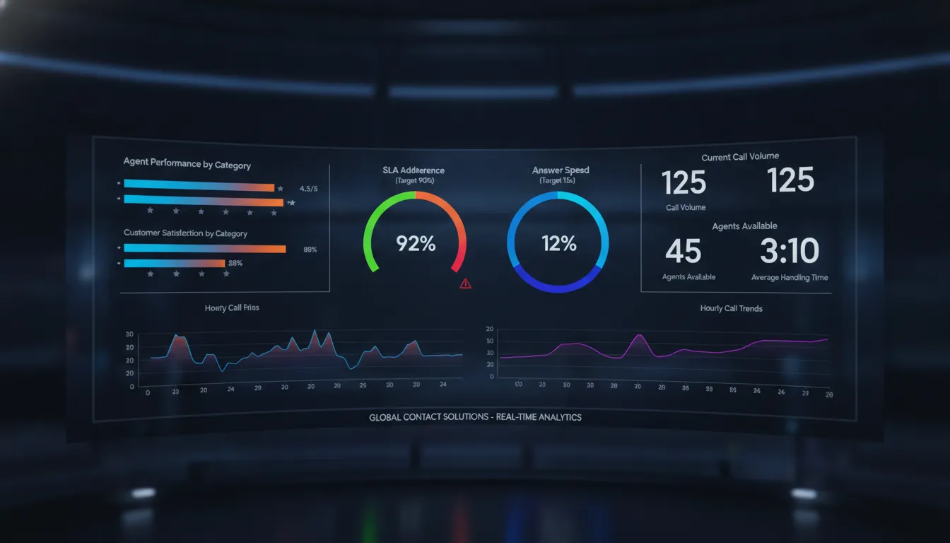 Call center performance dashboard showing SLA metrics and KPI tracking data