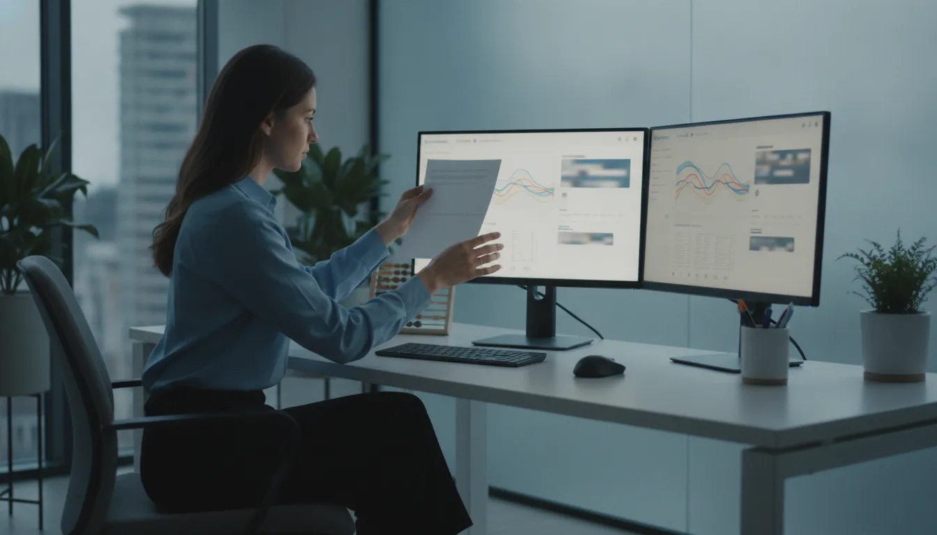 Medical billing specialist reviewing insurance claim forms at a desk with organized workspace and dual monitors