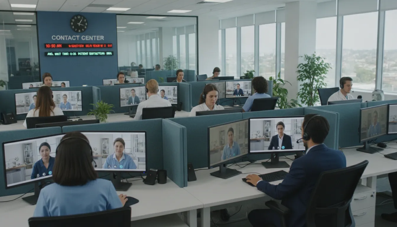 Healthcare contact center agents providing telehealth support services at computer workstations