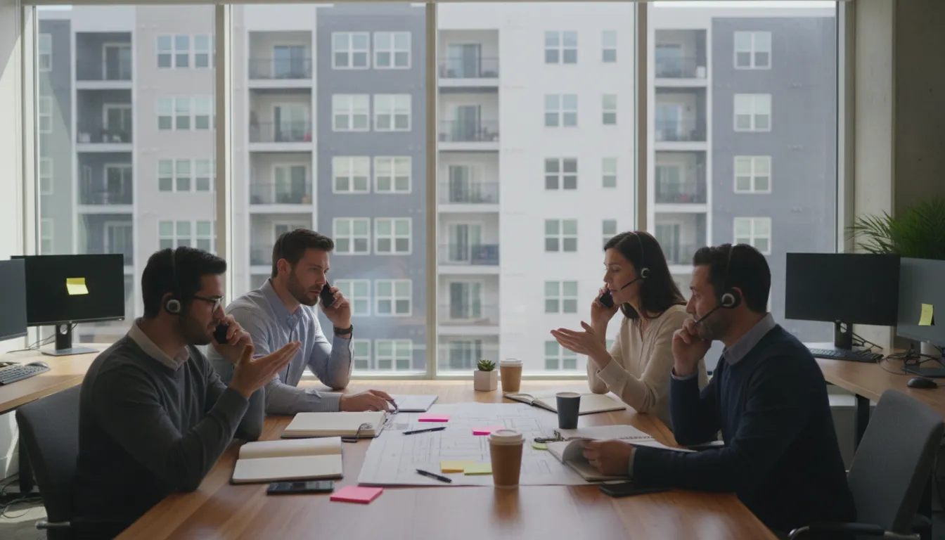 Property management call center teammates coordinating maintenance triage