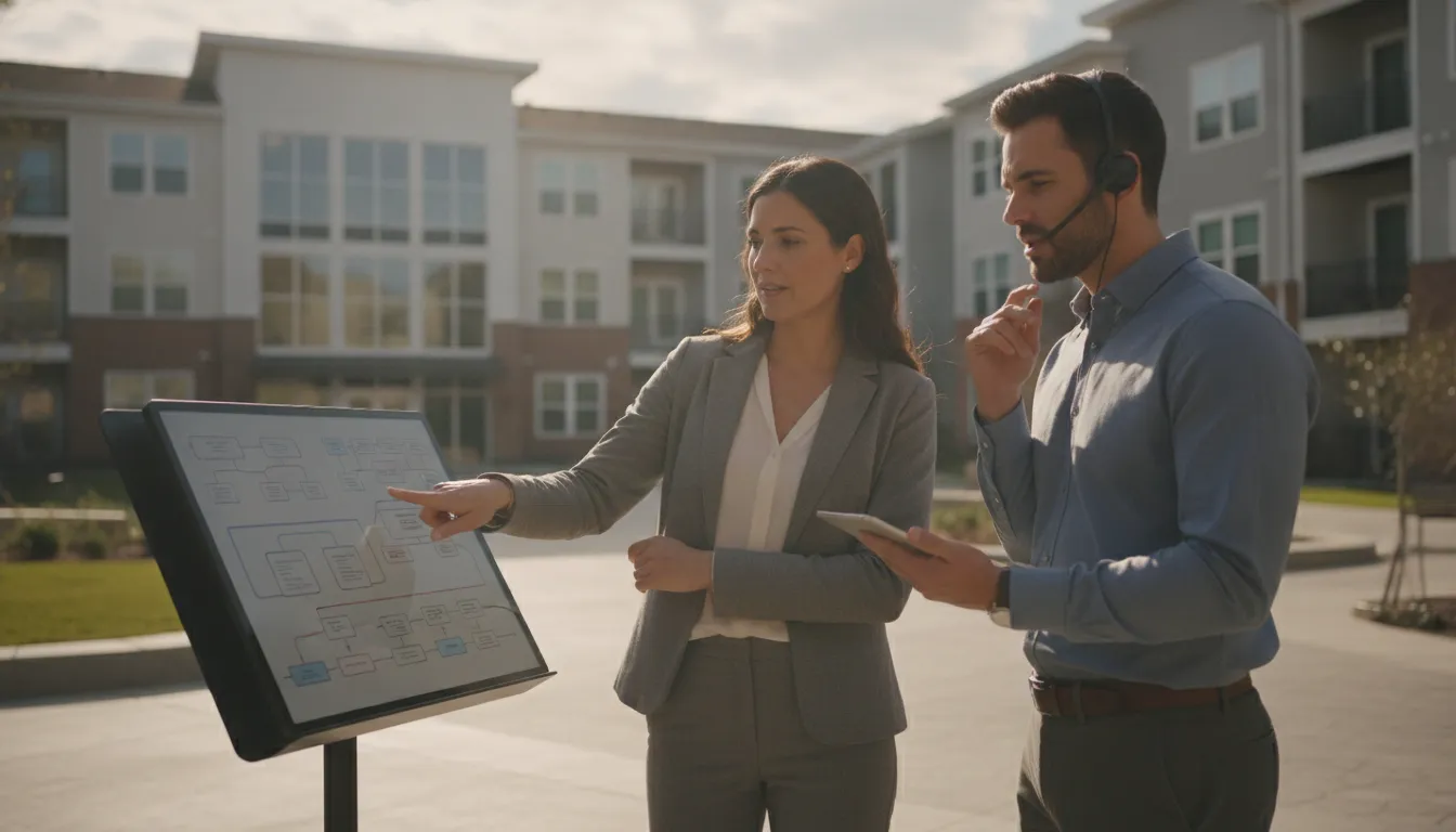 Property manager and support teammate reviewing an escalation workflow