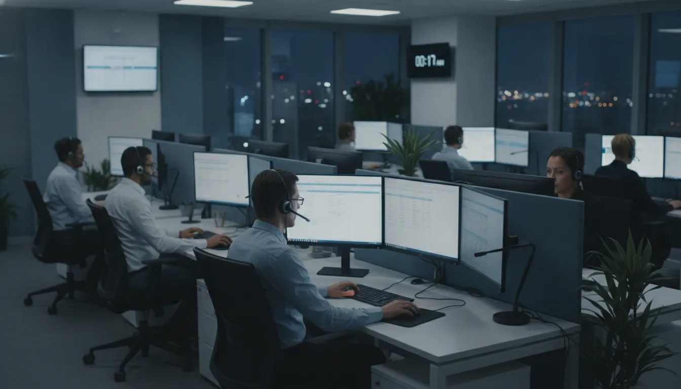 Professional call center agents handling after-hours healthcare calls at a modern office