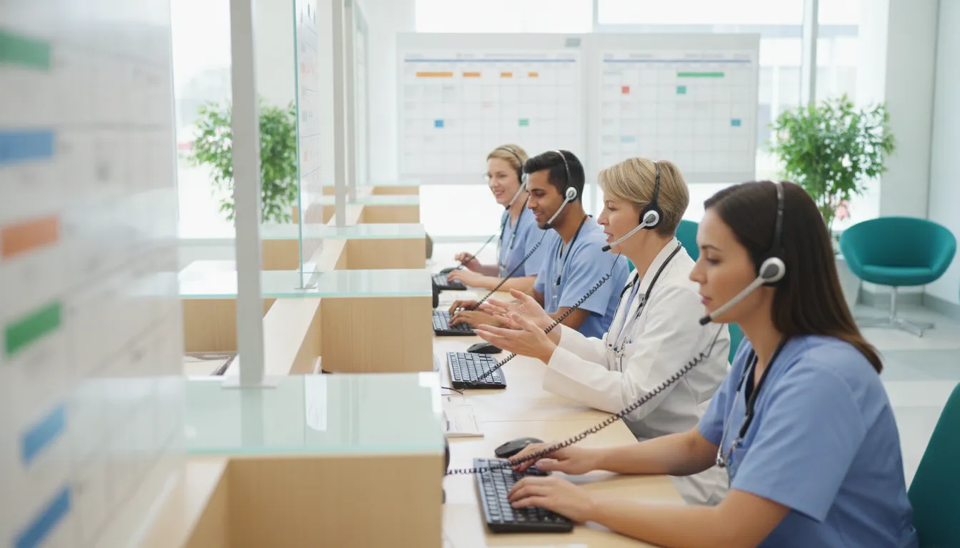 Healthcare front-desk coordinators collaborating to fill same-day appointment gaps