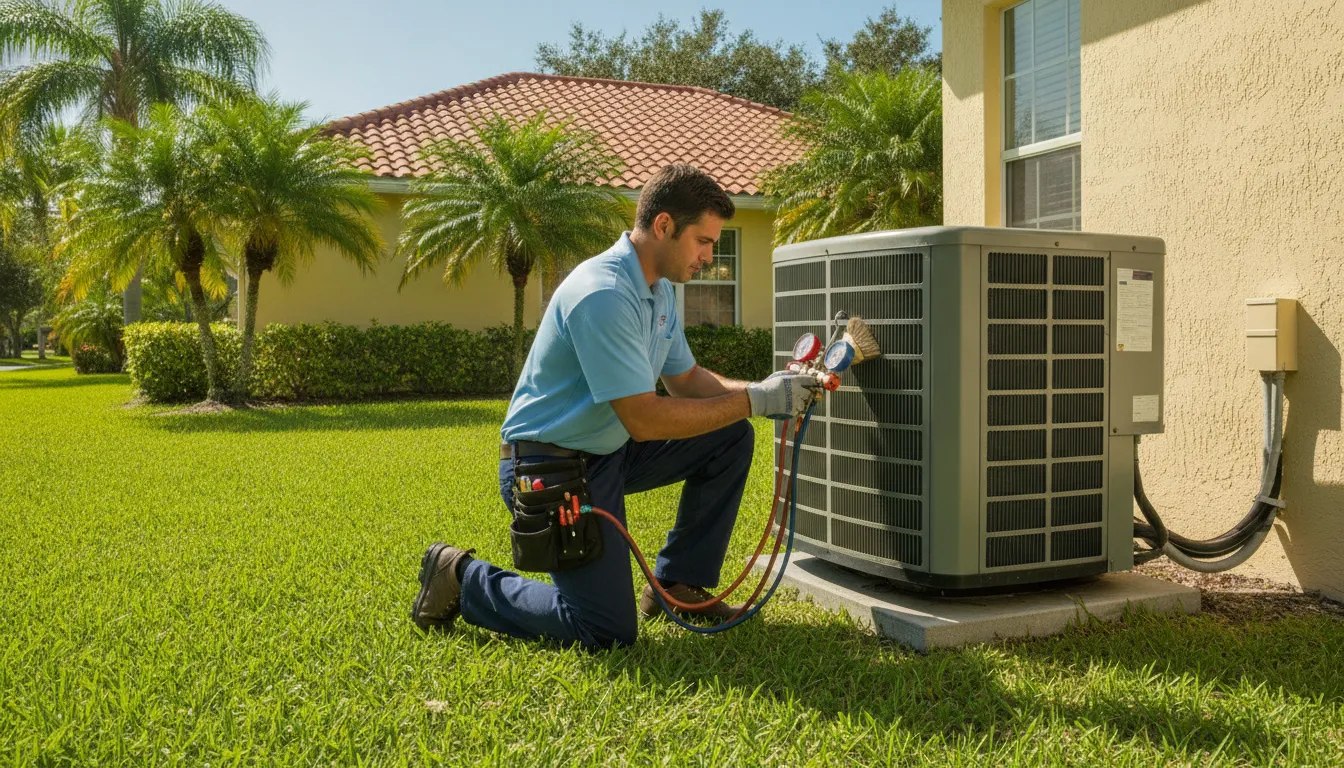 HVAC technician servicing an outdoor central air conditioning unit at a Florida home