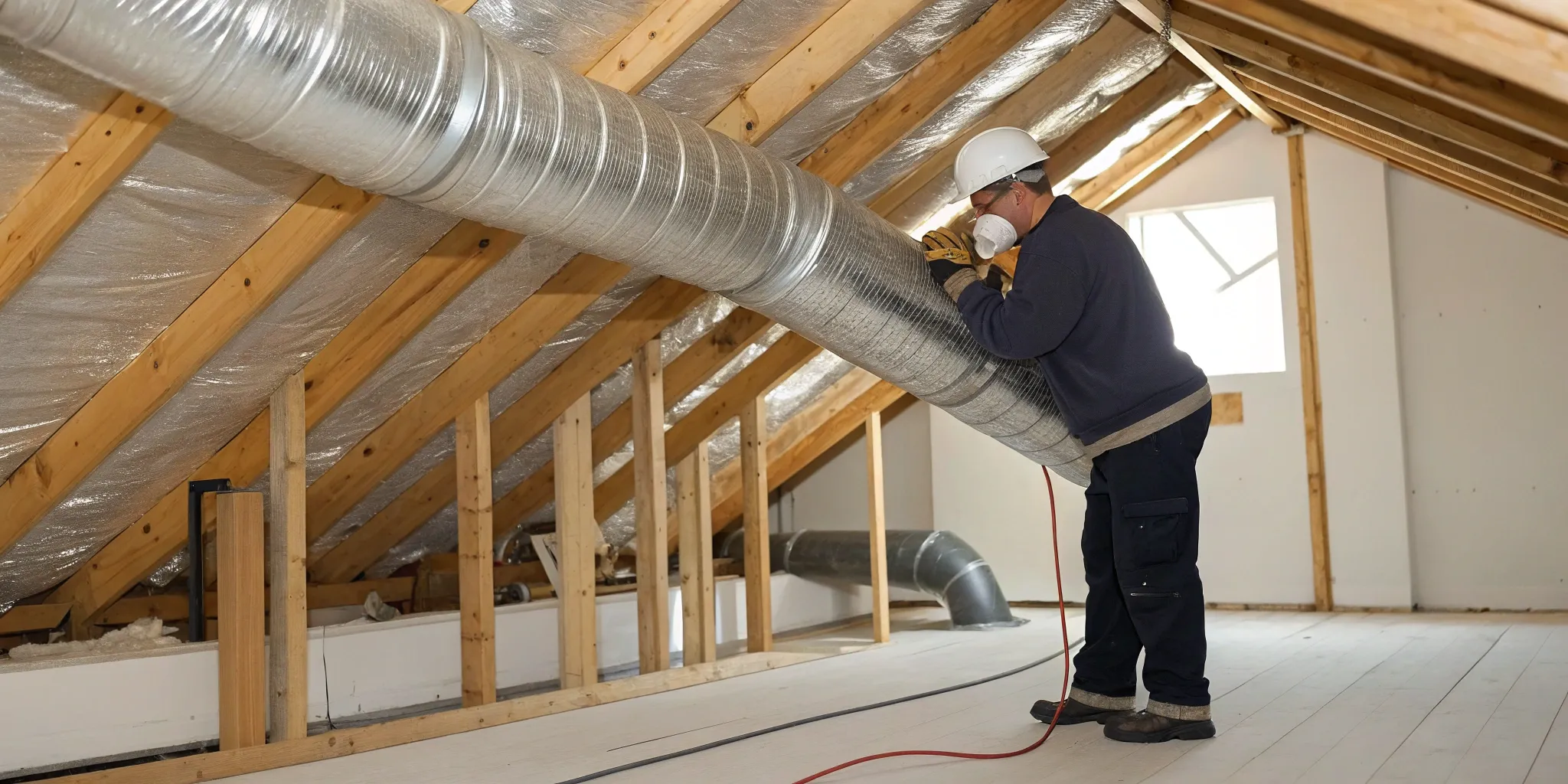 Professional technician performing an HVAC ductwork replacement in an attic.