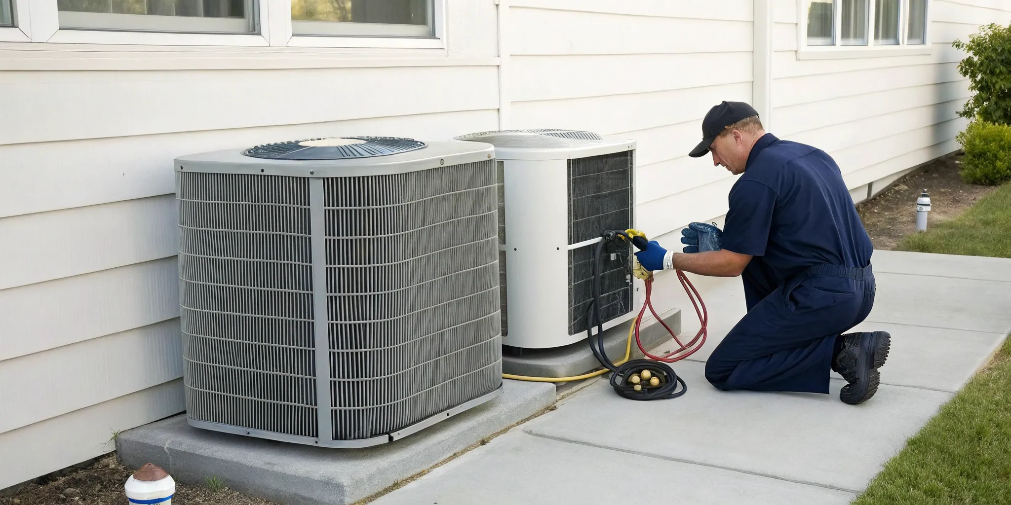 Technician services an outdoor HVAC unit during a tune-up special to boost home efficiency.