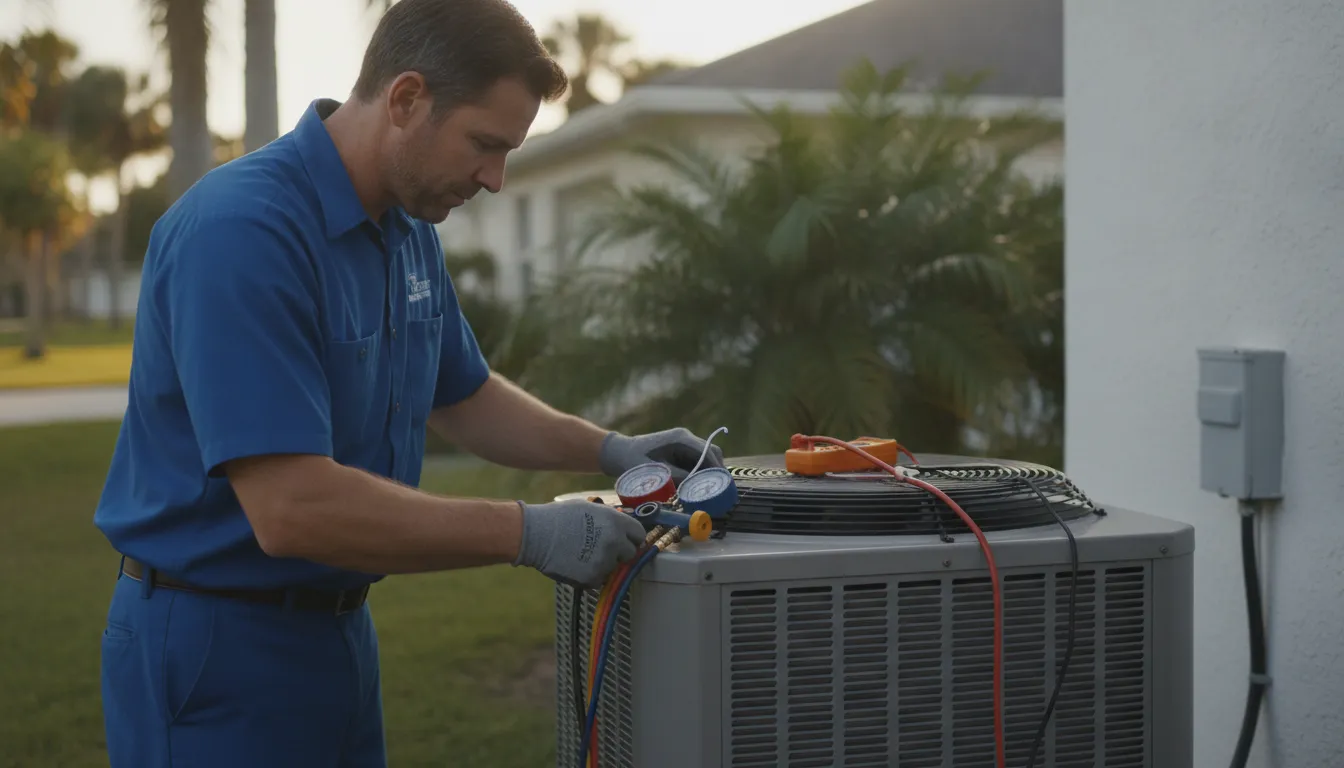 HVAC technician performing diagnostics on an outdoor AC unit