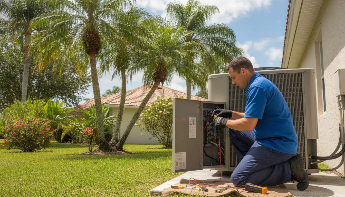 HVAC technician repairing an outdoor air conditioning unit in Naples
