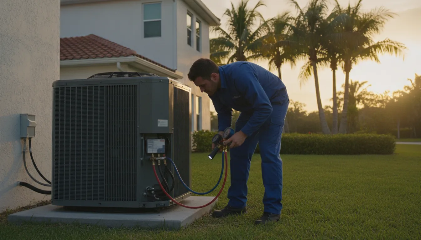 HVAC technician inspecting an outdoor air conditioner condenser unit beside a Southwest Florida home
