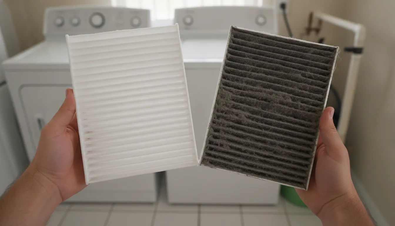 Clean pleated AC air filter held beside a dirty clogged filter in a Southwest Florida home