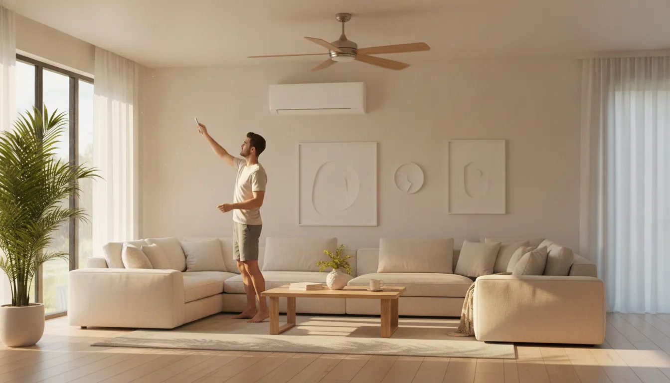 Florida homeowner adjusting air conditioner settings in a bright living room with natural afternoon light