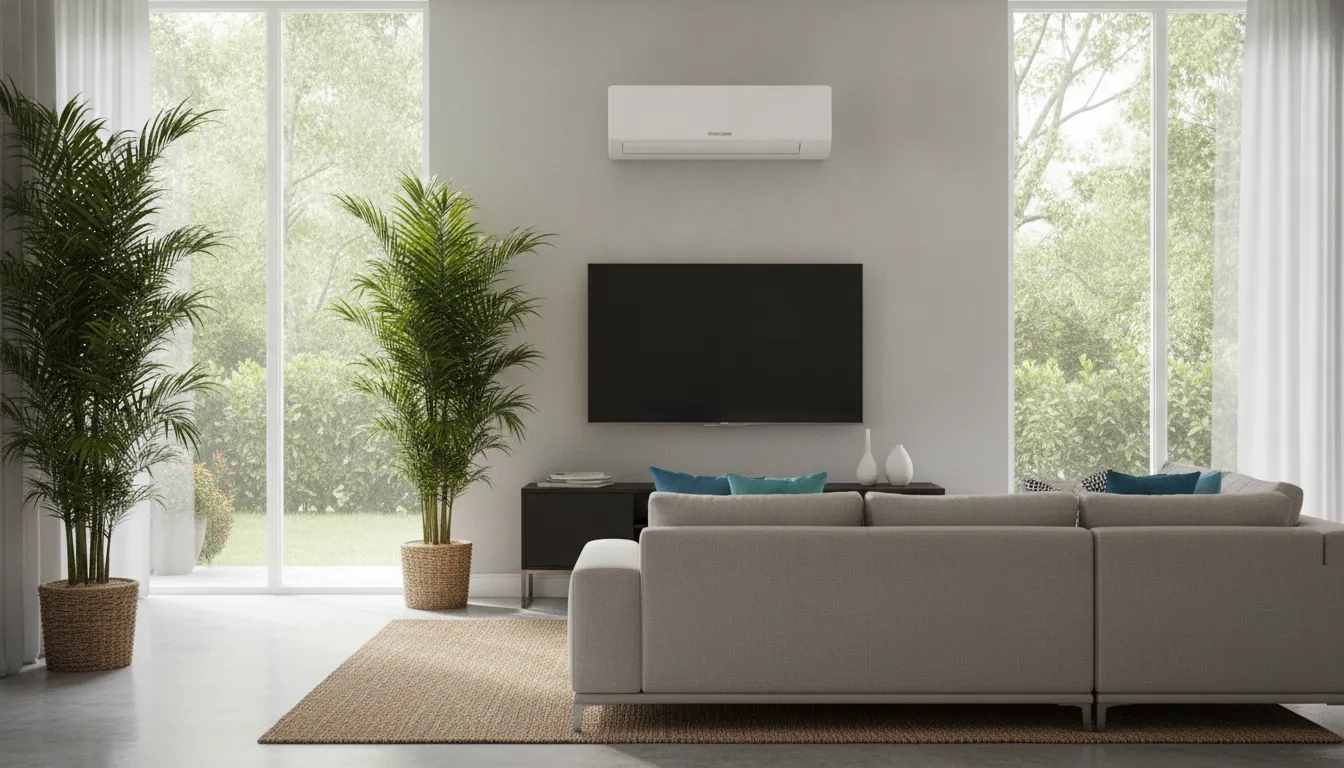 Wall-mounted ductless mini split air handler installed in a modern Florida living room with natural light