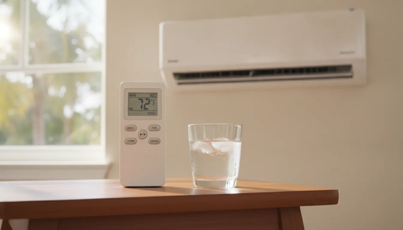 Mini split remote control and wall-mounted indoor air handler unit in a Florida home interior