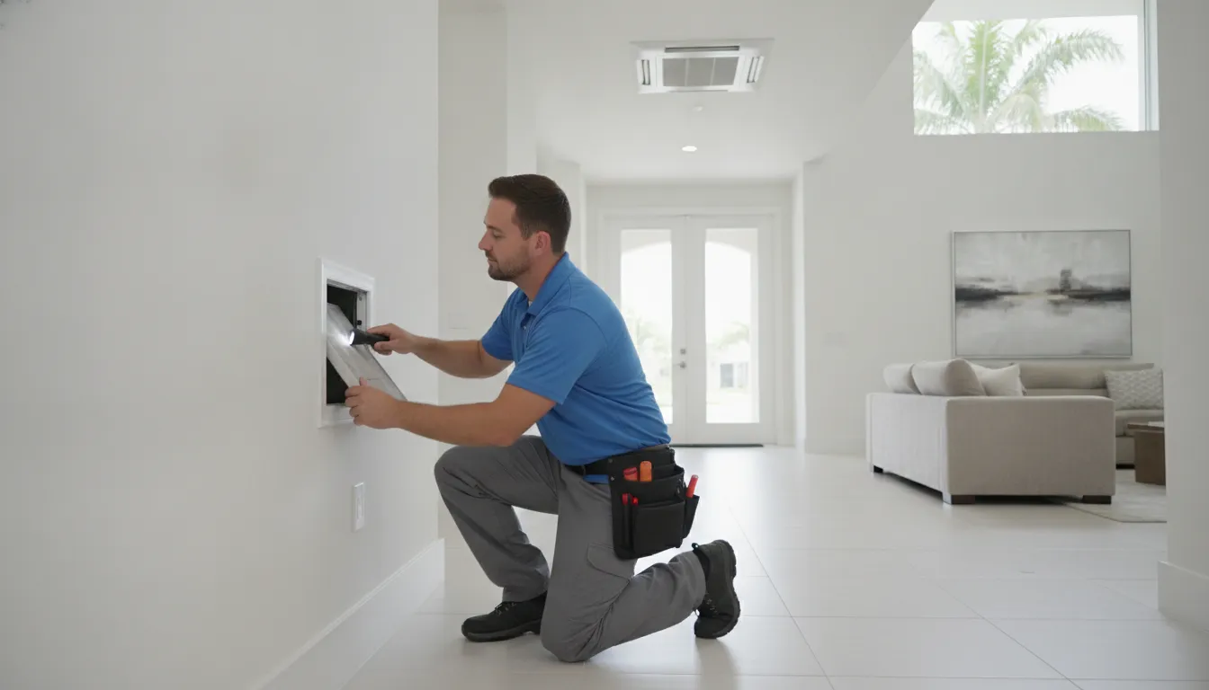 HVAC technician checking a return air filter slot inside a Southwest Florida home