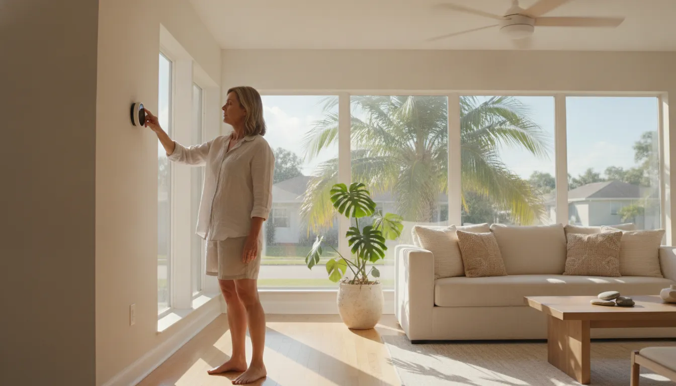 Homeowner checking the thermostat during an air conditioner emergency