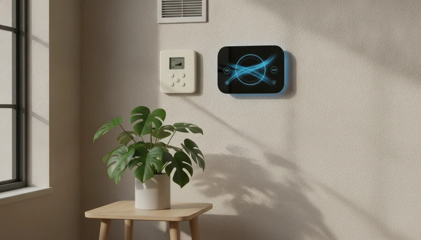 Two thermostat models mounted on a Florida interior wall showing basic and modern touchscreen designs