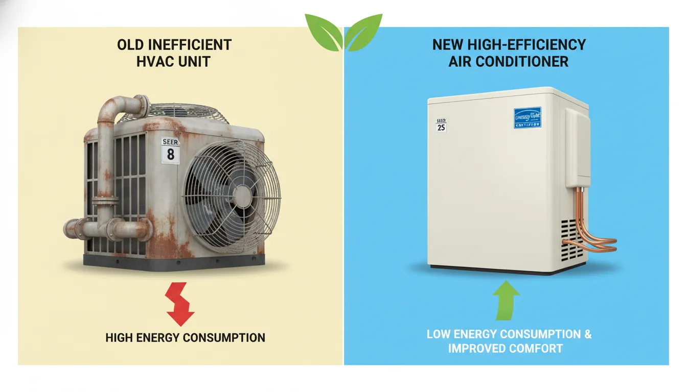 Side-by-side comparison of an old inefficient HVAC unit versus a new high-efficiency air conditioner with Energy Star label