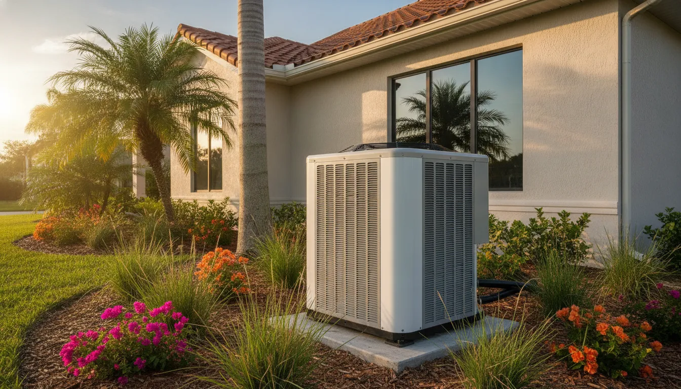 Energy-efficient air conditioner condenser installed outside a Southwest Florida home