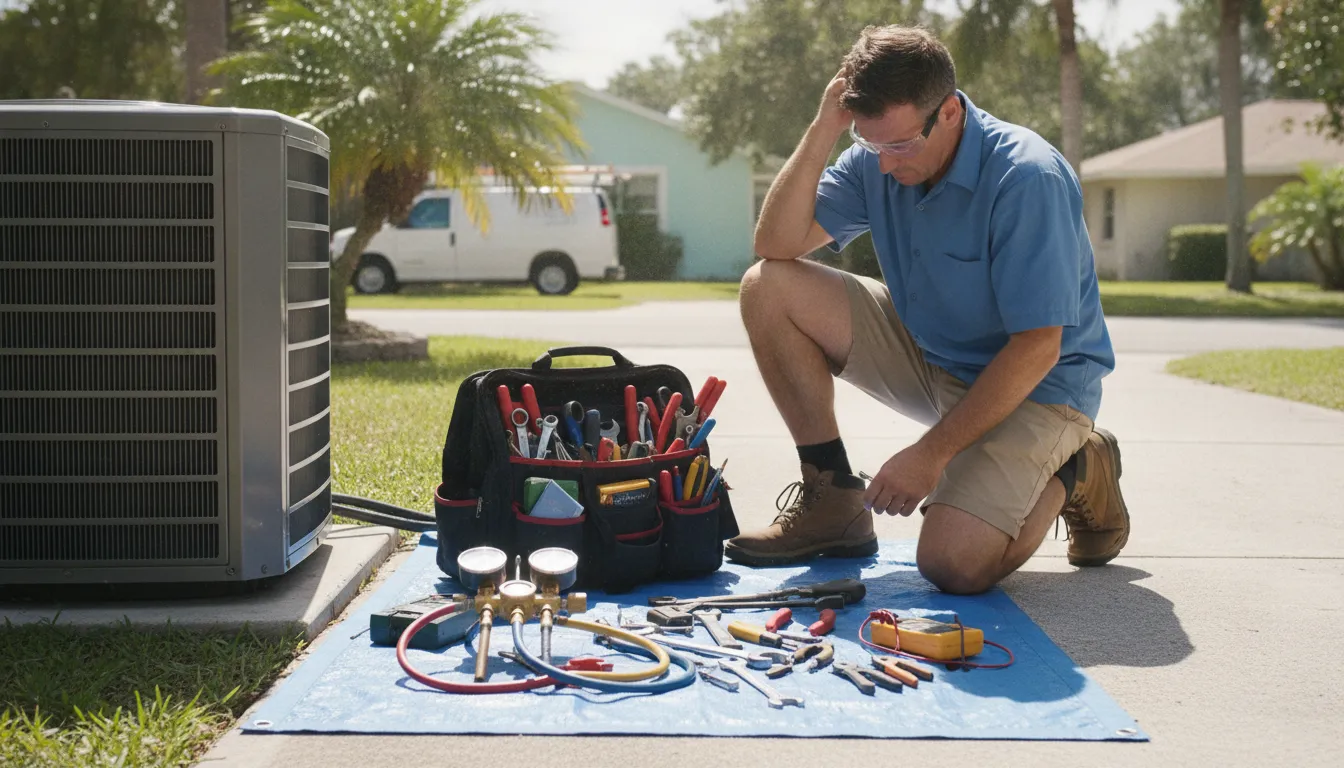 HVAC technician with repair tools beside an air conditioning condenser unit in Florida
