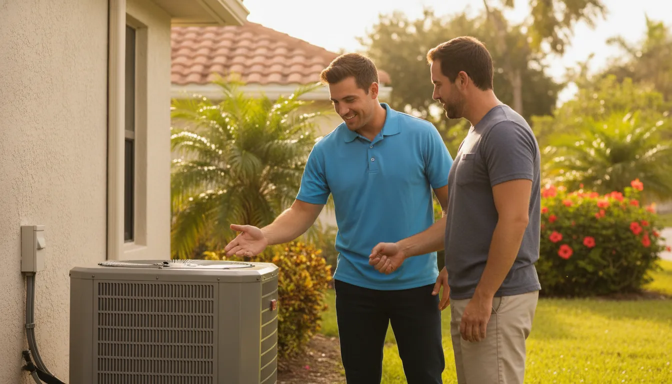 HVAC technician helping a homeowner choose the right SEER2 air conditioner