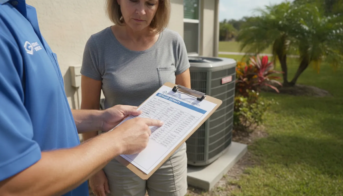 HVAC technician showing a price estimate to a homeowner near an air conditioning unit