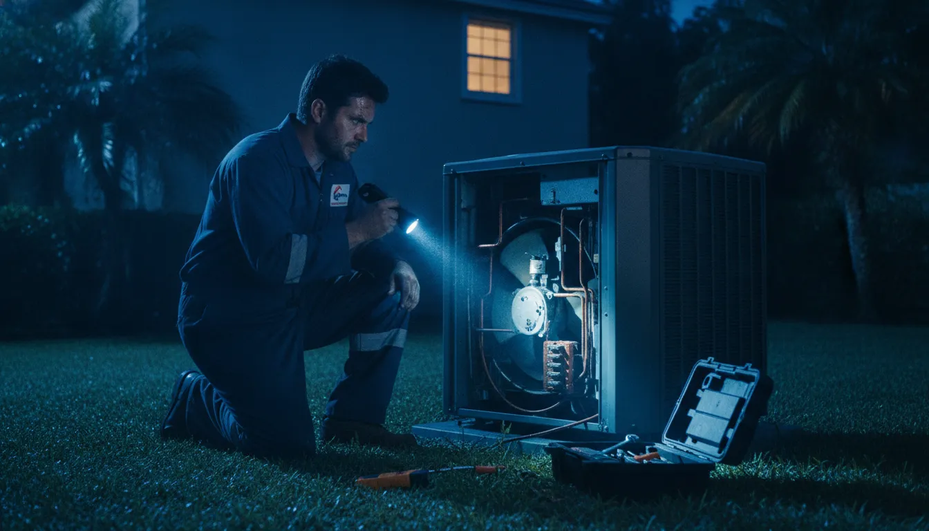 HVAC technician inspecting an air conditioning unit outside a Florida home at night