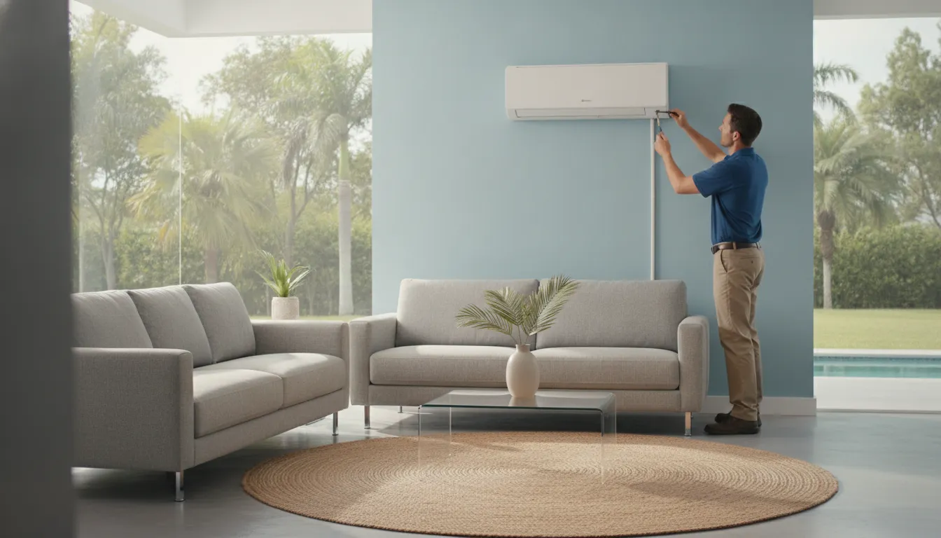 HVAC technician installing a Mitsubishi ductless mini split unit in a bright Florida home living room