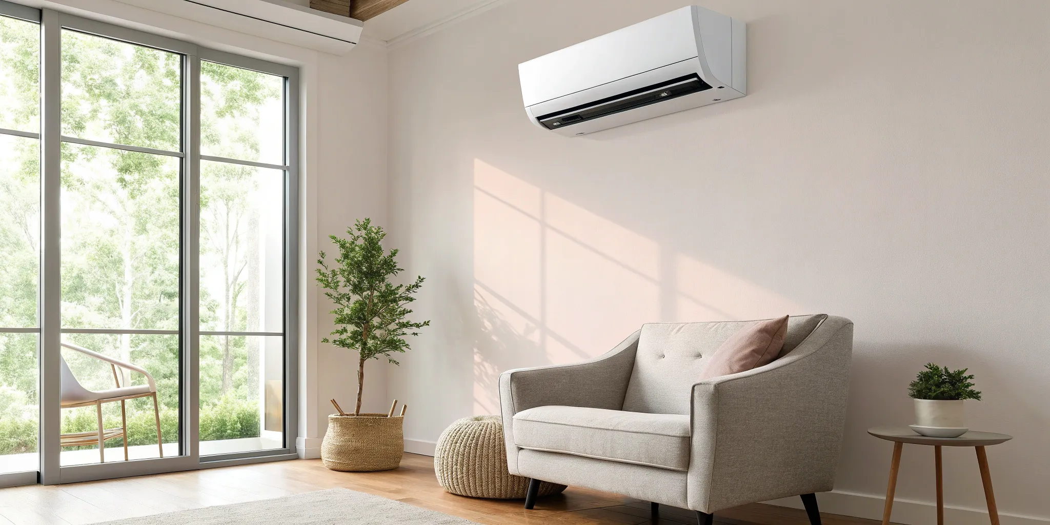 A completed Mitsubishi mini split install with the indoor unit mounted on a living room wall.
