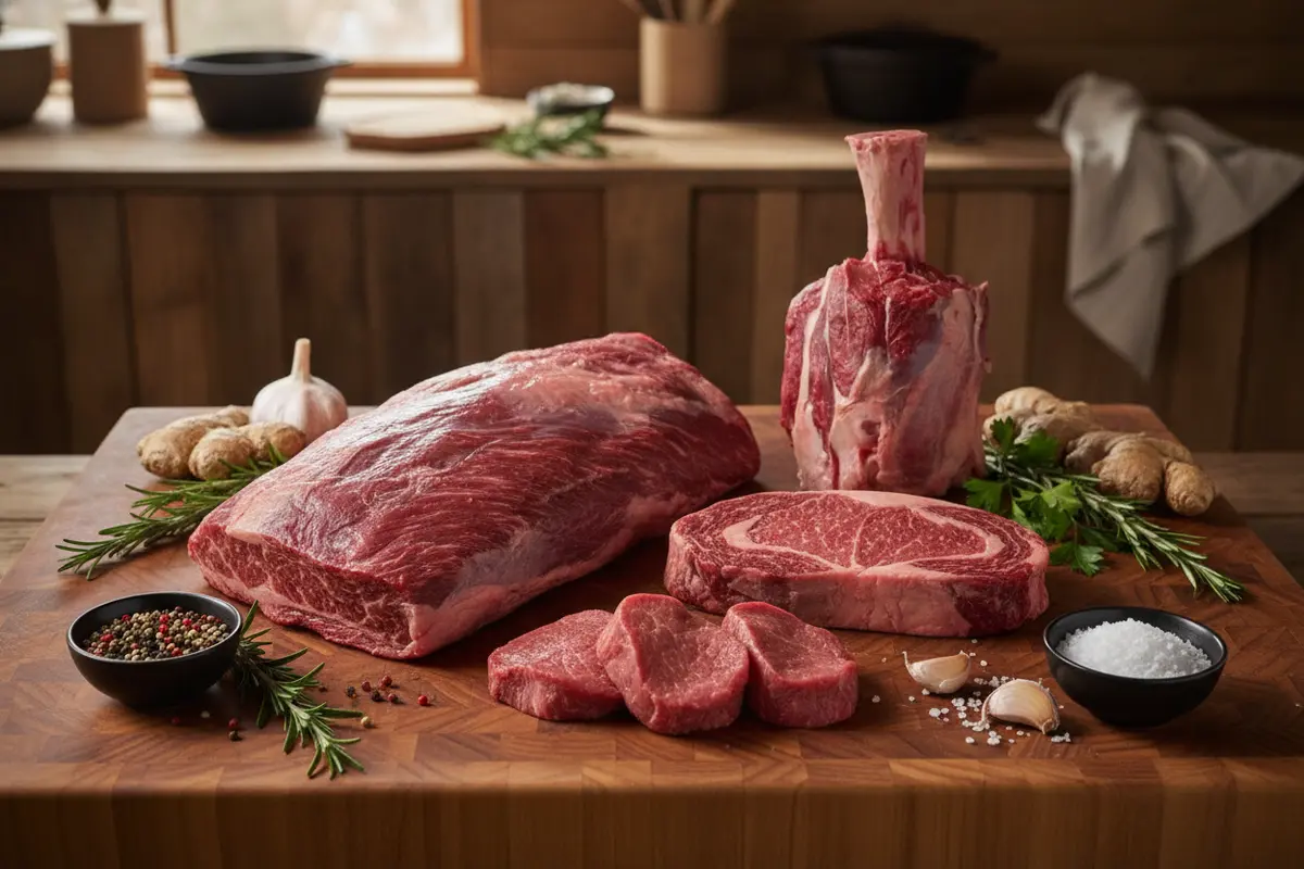 A whole brisket and portioned beef cuts arranged side by side for comparison