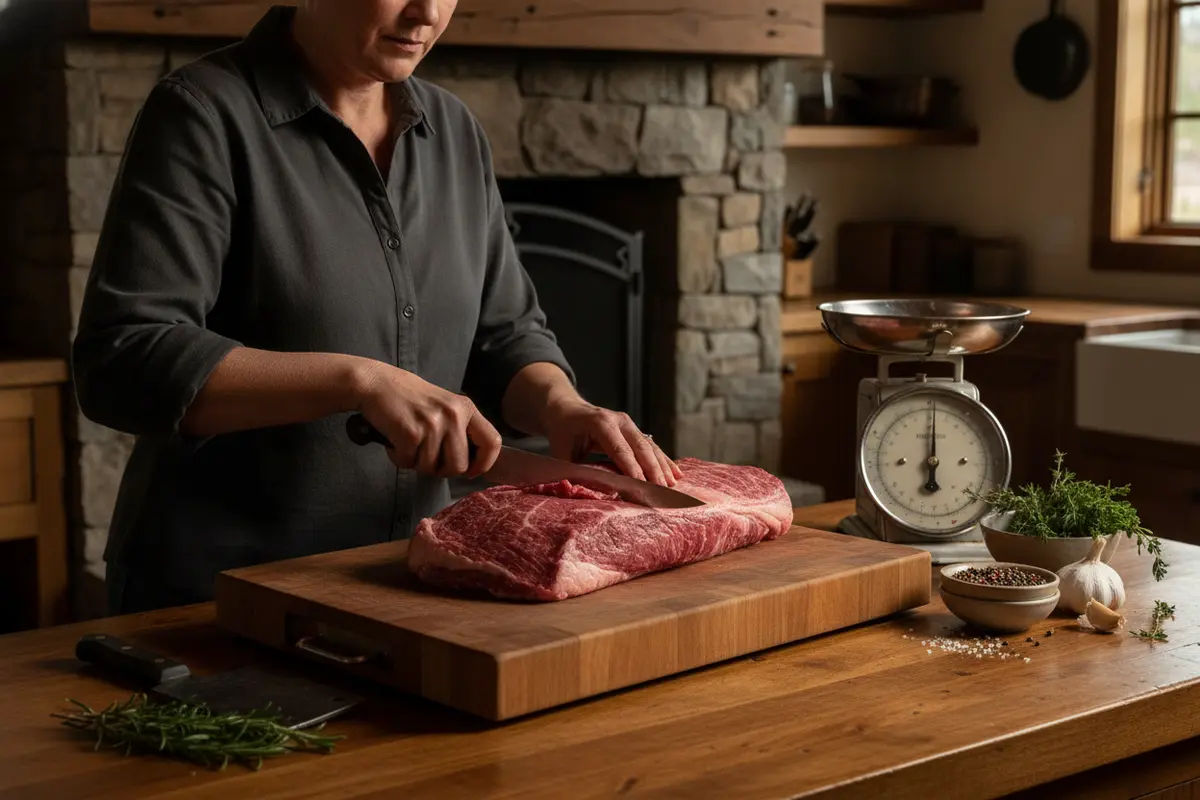 Brisket being prepared on a clean counter with a scale and simple cooking tools