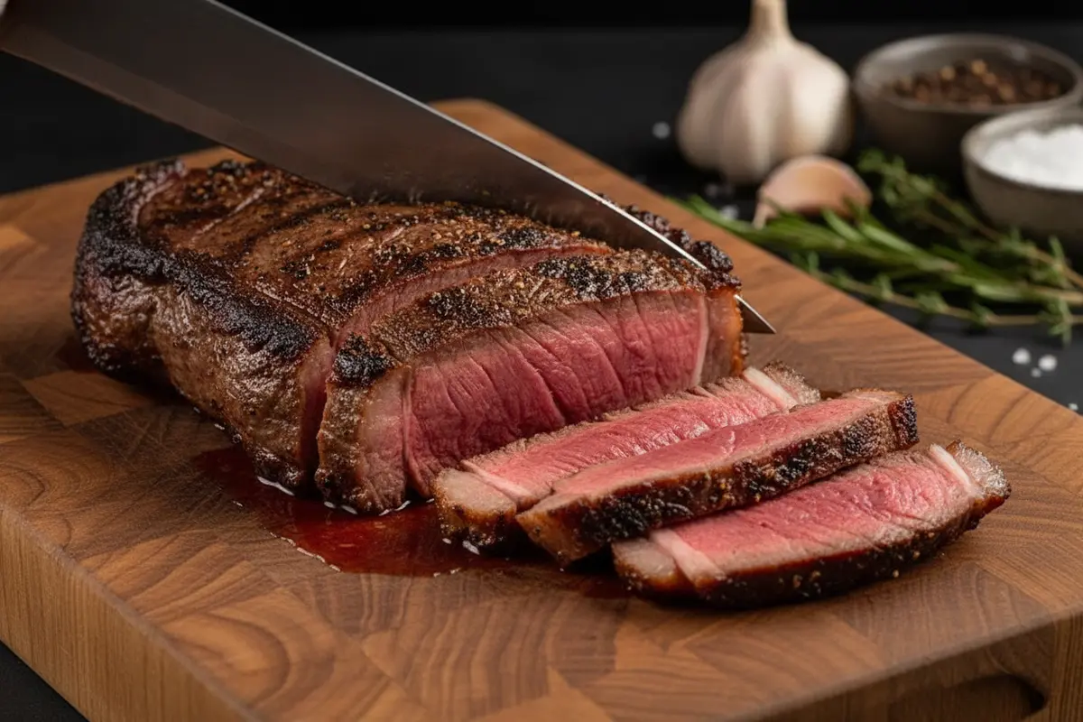Cooked outside skirt steak sliced thinly across the grain