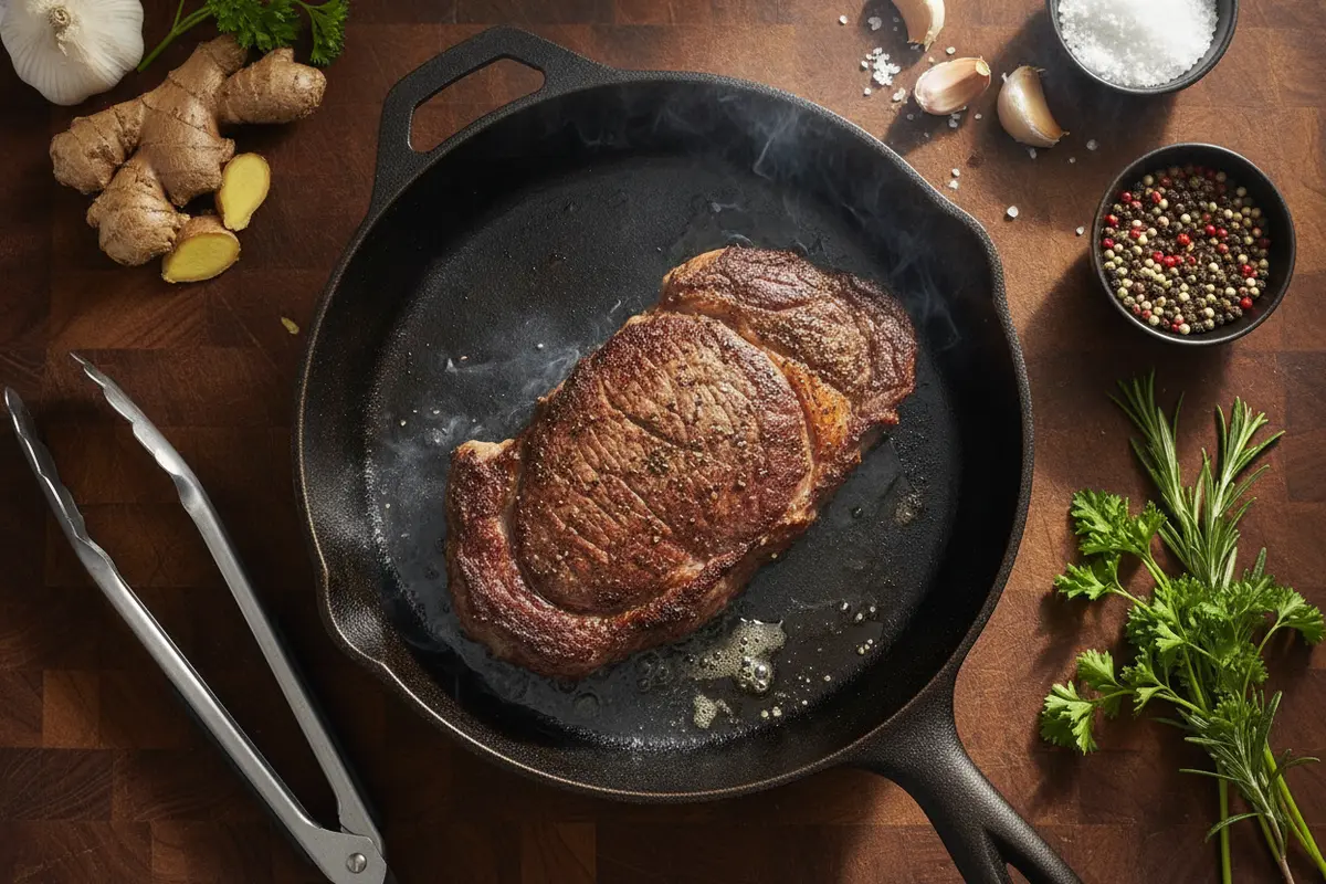 Dry-aged Prime steak searing in a hot cast-iron skillet
