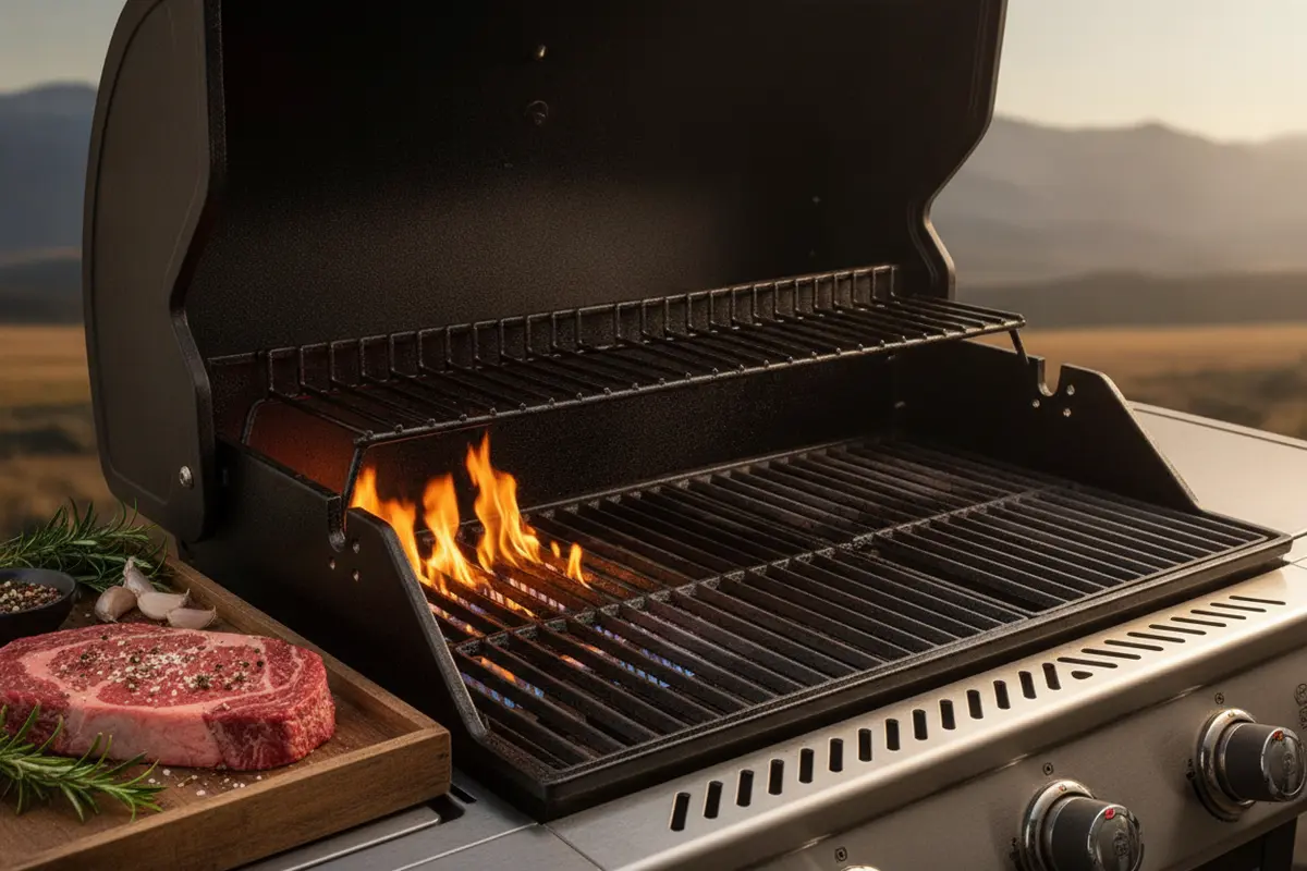 Grill set up with a hot direct-heat zone and a cooler indirect-heat zone for top sirloin