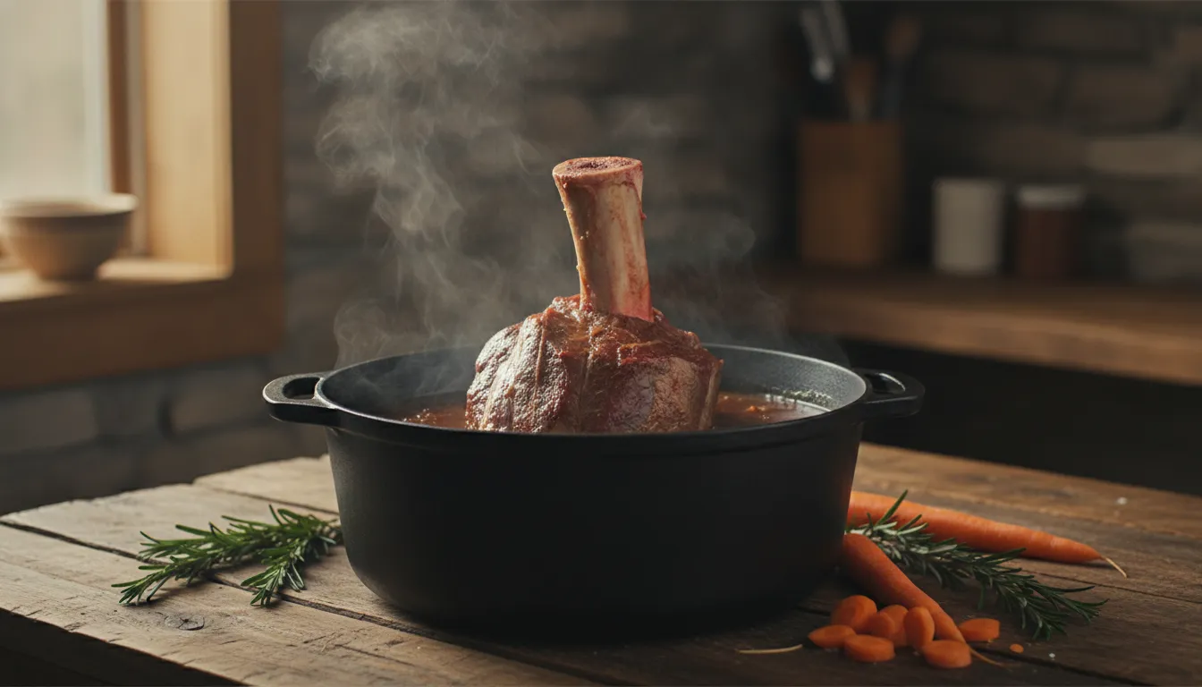 Thor's Hammer roast braising in a Dutch oven before the tenderness check